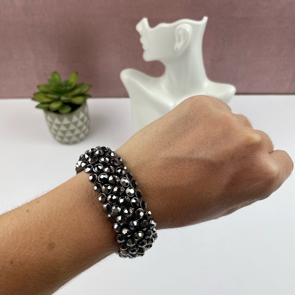Silver Black Pewter Rhinestone Metal Stretchy Bracelet Glam Women Jewelry